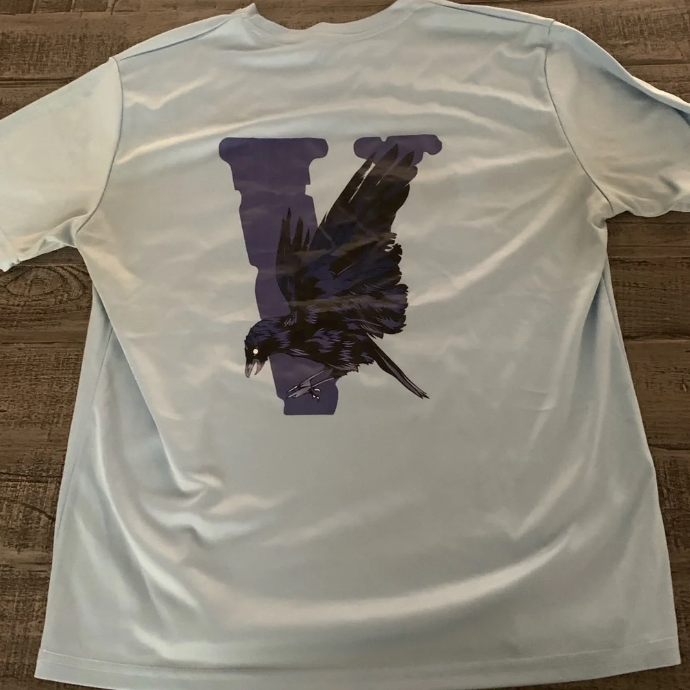 Men's Large Blue Graphic T-Shirt, EUC, Purple V Crow Design